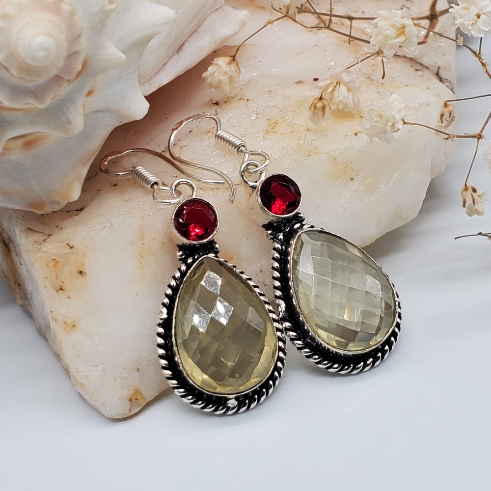 Genuine Stone Lemon Quartz Cherry Quartz Earrings